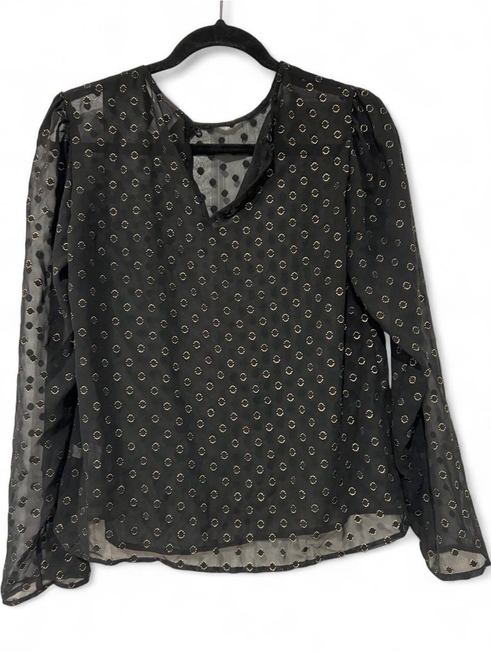 A New Day Black Gold Metallic Clip Dot Chiffon Blouse Sheer Top S